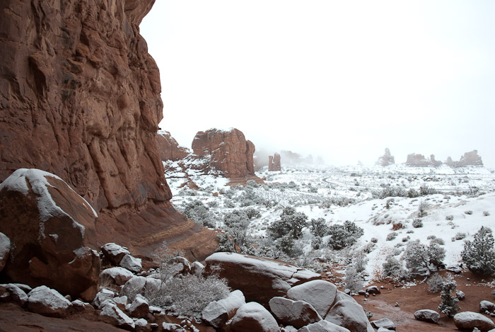 Snowy view from Double Arch, Arches National Park