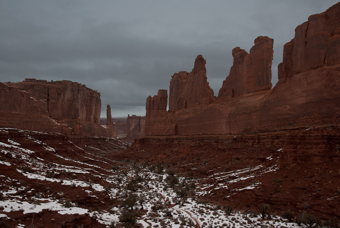 Park Avenue under cloudy skies, Arches National Park
