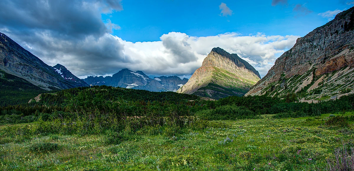 Mount Grinnell and surrounding mountain peaks rising above a lake, evergreen forest, and marshy shoreline in Glacier National Park, Montana.
