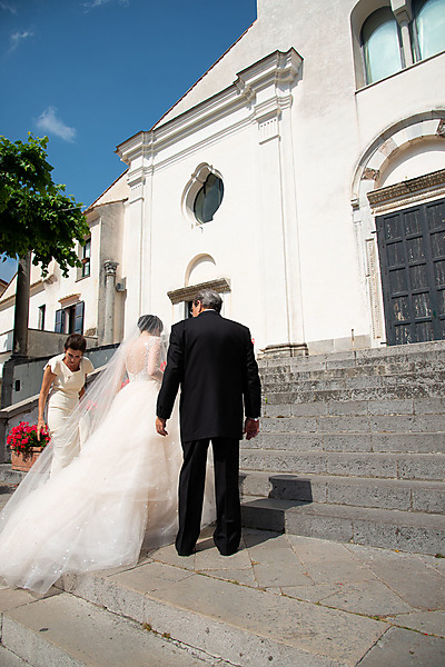 Bride and Parents Walking up Steps of Ravello Cathedral