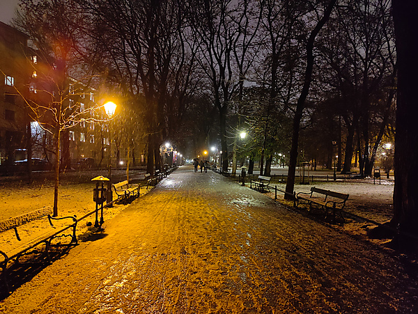 Snow falling on path around Old Town
